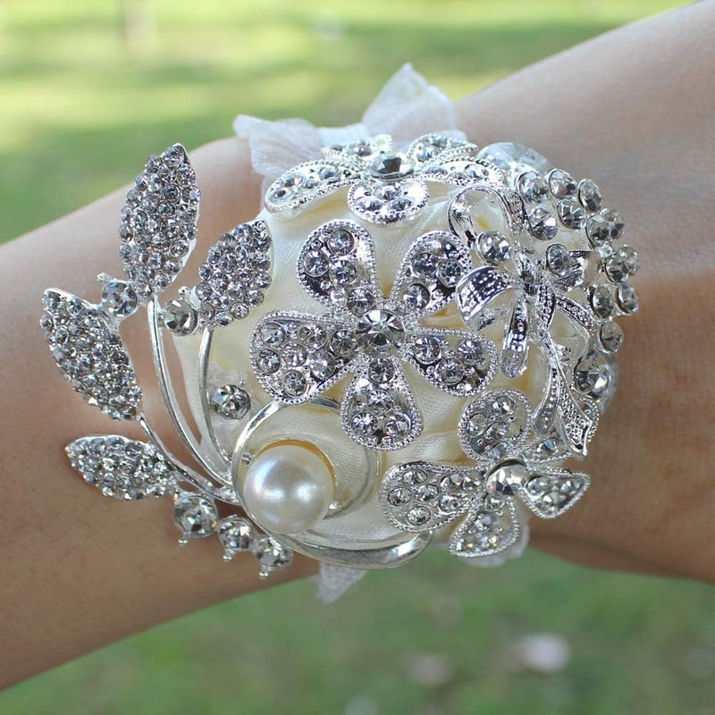 DOTKV Artificial Wrist Silk Flower Boutonniere Wrist Bouquet Corsage Flower with Peal and Diamond for Wedding Decor,Cocktail Party 1pcs (SilverIvory_Wrist) - Image 4